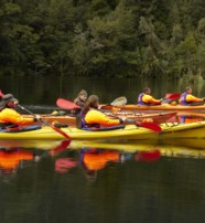  Small group of paddlers at Milford Sound New Zealand  