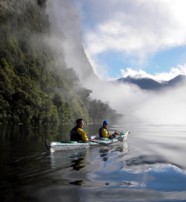  Visitors enjoying the serenity while kayaking on the Fiordland New Zealand  
